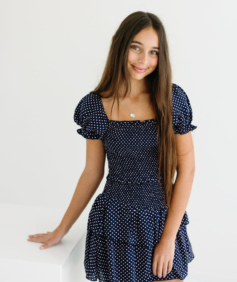 Tween Lainey Evening Blue Pink Dot Dress