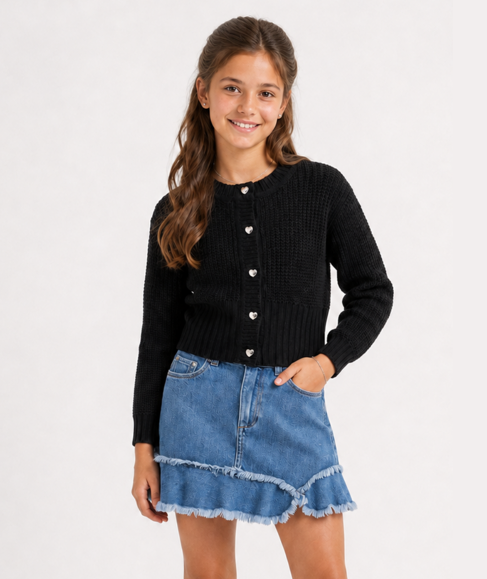 Tween Heart Shaped Button Cardigan - CAKEWISH
