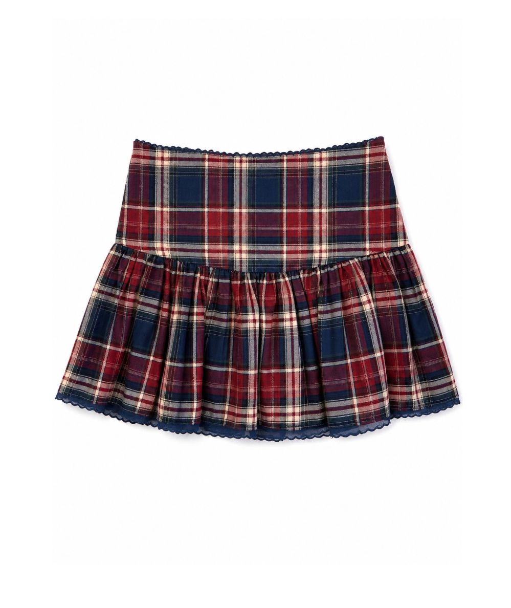 KatieJ NYC Tween Clarke Mini Skirt in navy and burgundy plaid with lace-trim hem and wide waistband