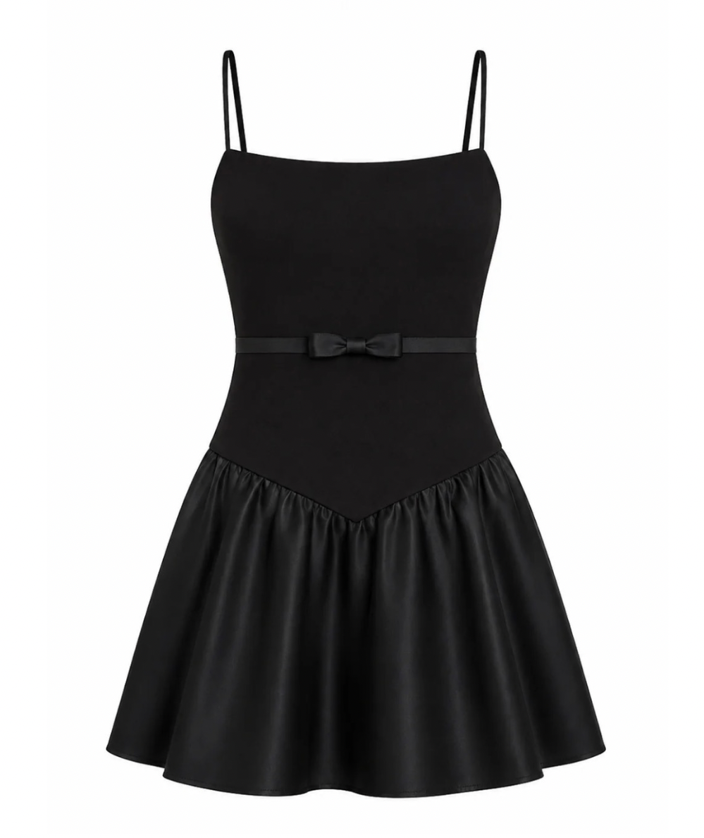 KatieJ NYC Tween Noreen black mini dress with fitted bodice, satin bow waist, dropped waistline, and flared skater skirt.