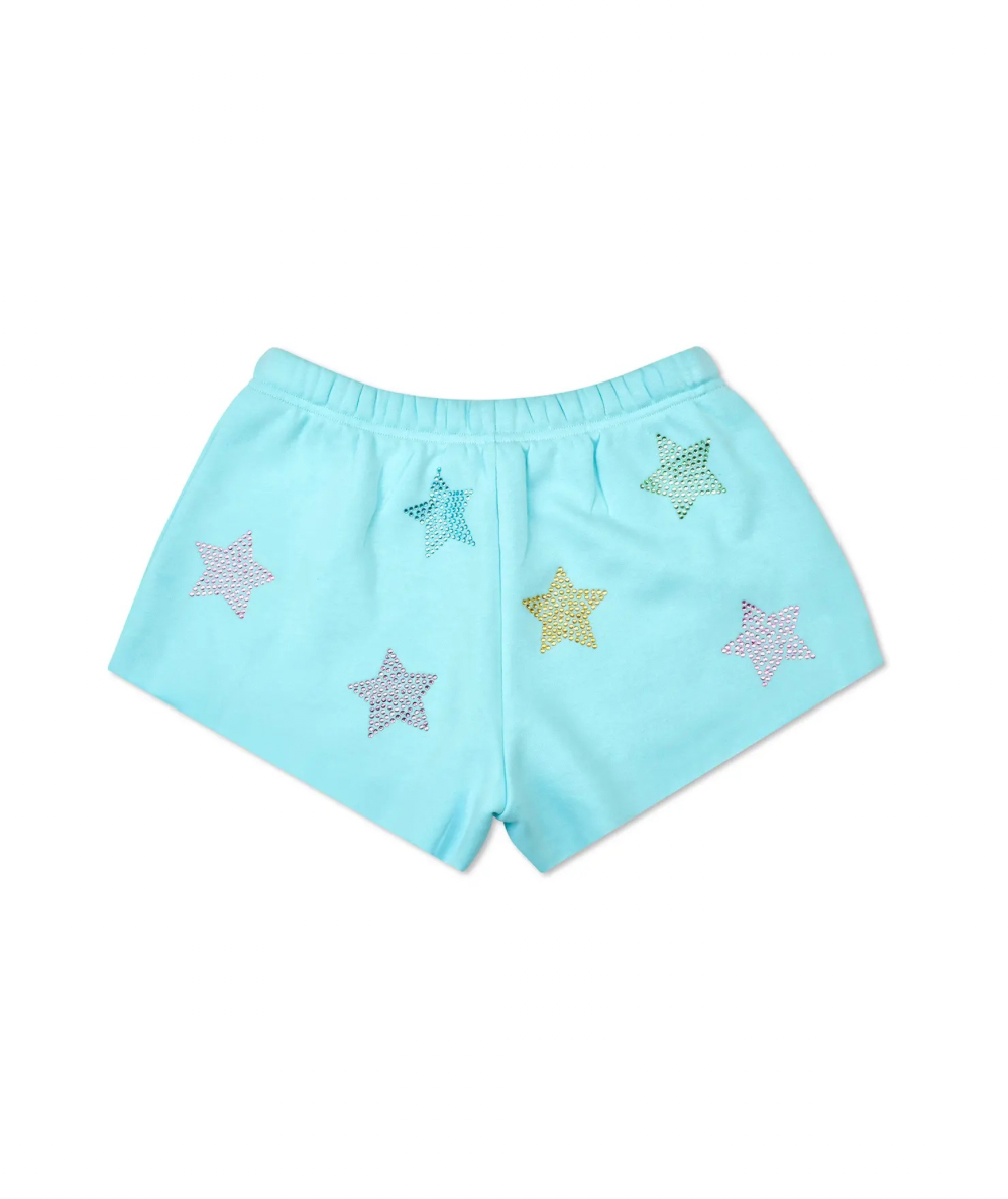 Back view of Iscream Tween Sparkling Stars Sweat Shorts with an allover star print and fabric-covered drawstring waistband.