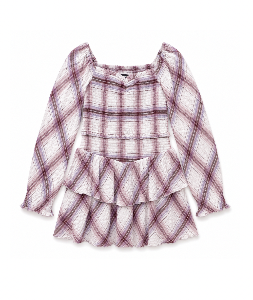 KatieJ NYC Tween Chloe long-sleeve dress in Soft Blush Plaid with a smocked bodice and layered ruffle skirt