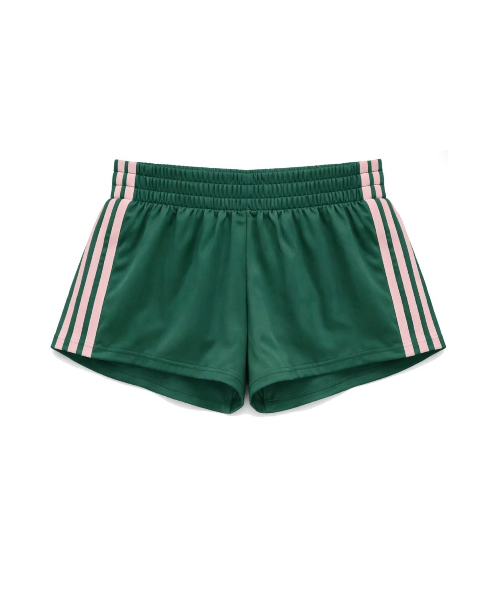 KatieJ NYC Tween Jordyn Contrast Stripe athletic shorts in Pine/Pink with four side stripes and an elastic waistband