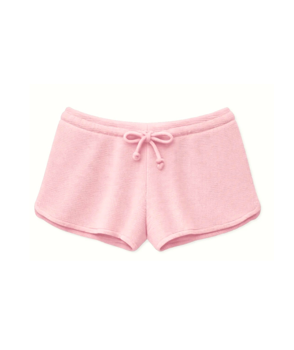 Tween Brynn Waffle Lounge Shorts in Baby Pink with textured waffle-knit fabric, elastic waistband, and front tie