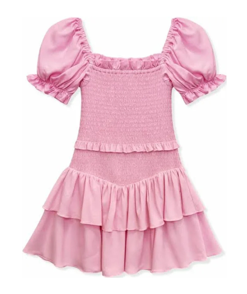KatieJ NYC Tween Lainey Dress in baby pink with puff sleeves, smocked bodice and tiered ruffle skirt