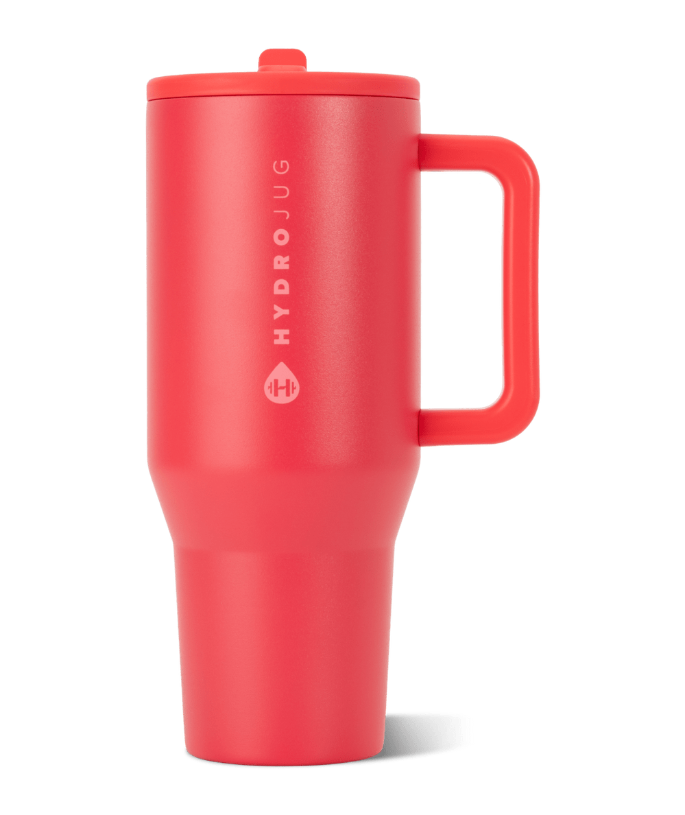 Fruit Punch red HydroJug 32 oz Traveler insulated tumbler with handle, front view - CAKEWISH.