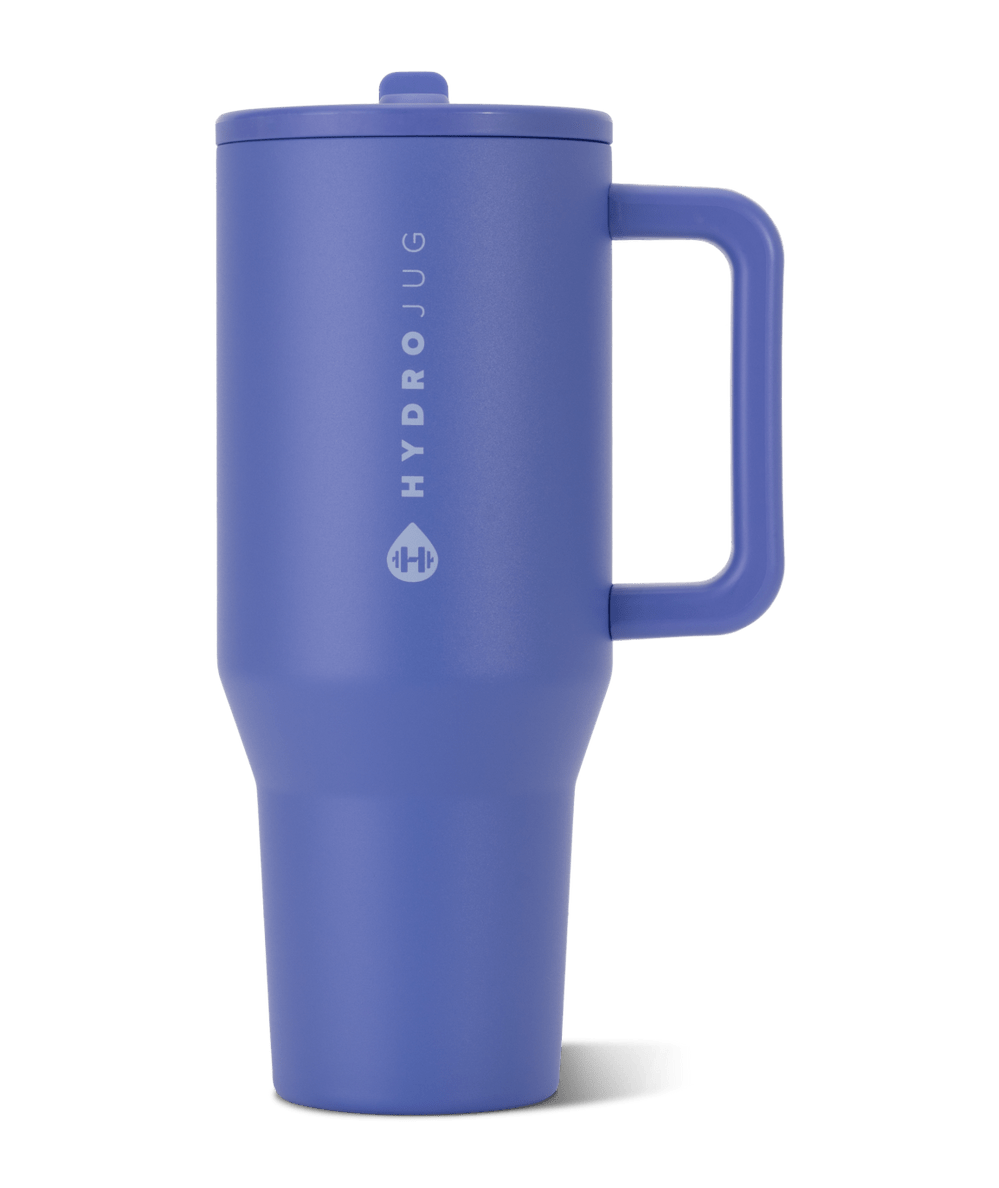 Berry Pop periwinkle blue HydroJug 32 oz Traveler tumbler with handle and flip straw lid, front view - CAKEWISH.