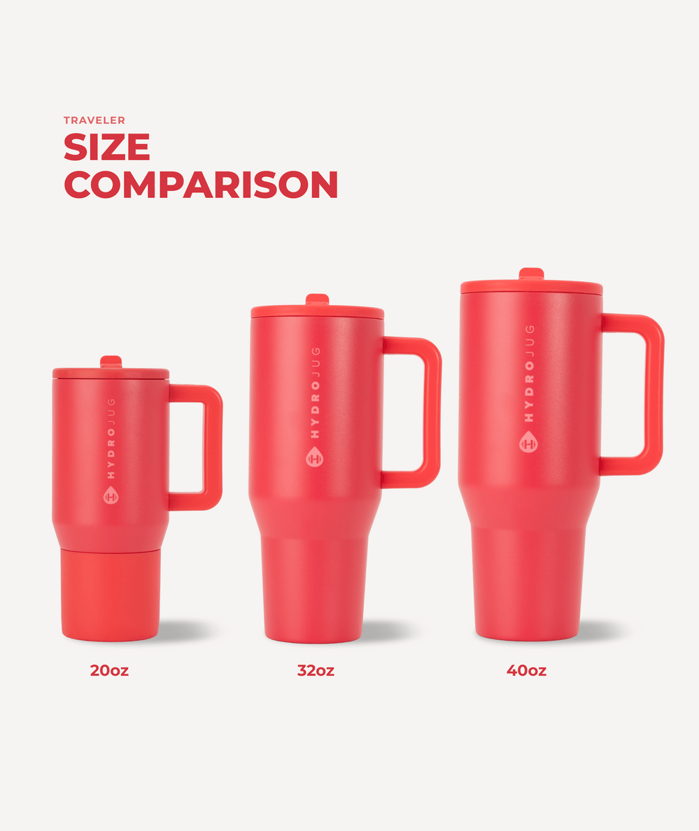 HydroJug Traveler size comparison of the 20 oz, 32 oz and 40 oz tumblers in Fruit Punch - CAKEWISH.