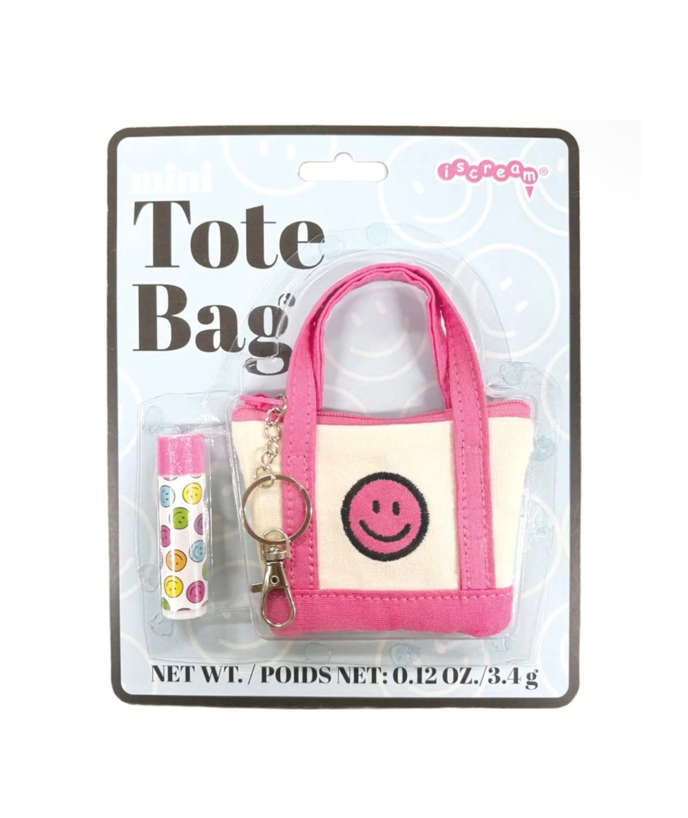 Iscream Smiley Mini Tote Bag keychain with pink trim and colorful smiley lip balm