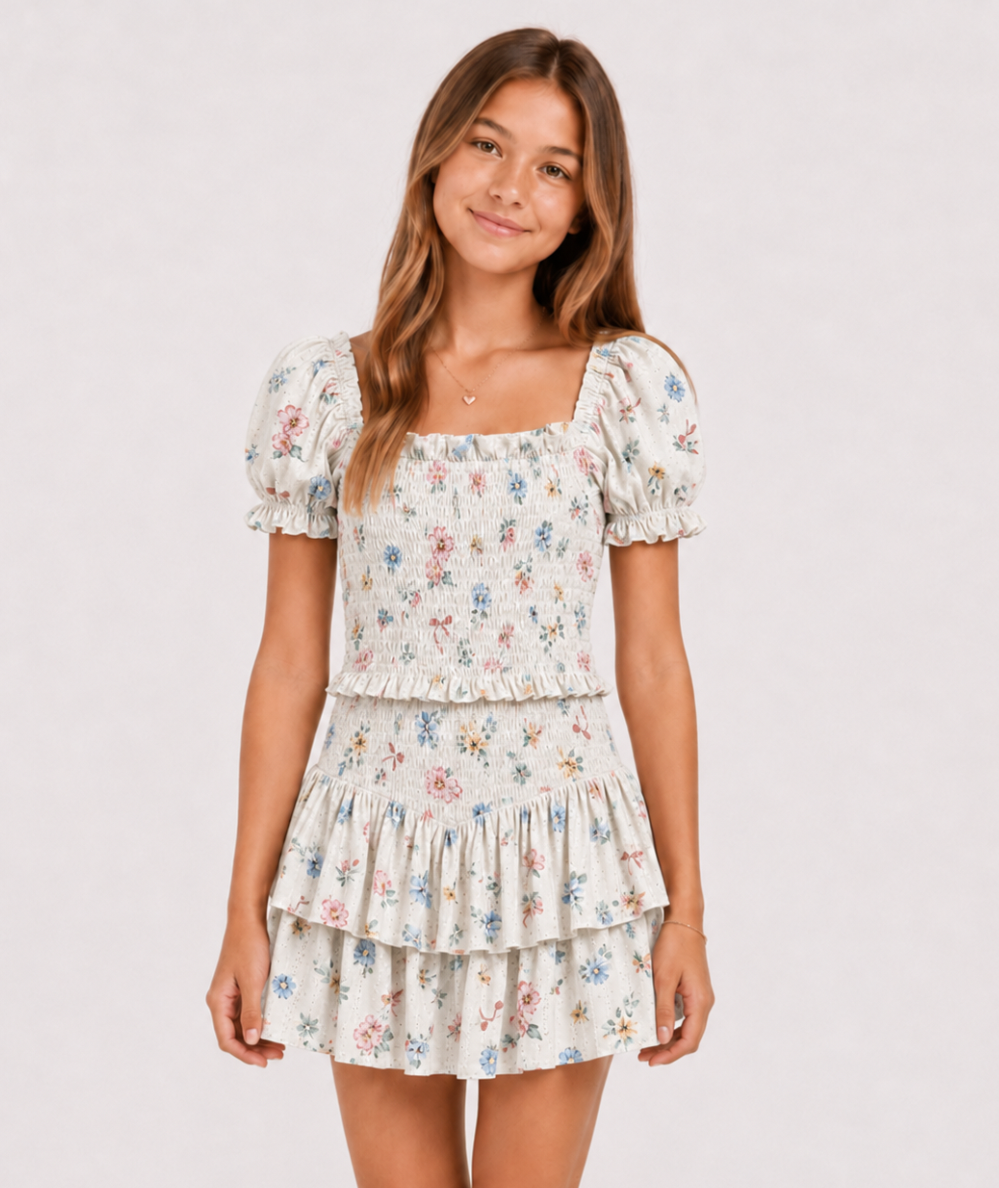 Model wearing the KatieJ NYC Tween Lainey floral smocked puff sleeve tiered dress for girls ages 7–13. Pictured in Cream Tossed Floral print. 