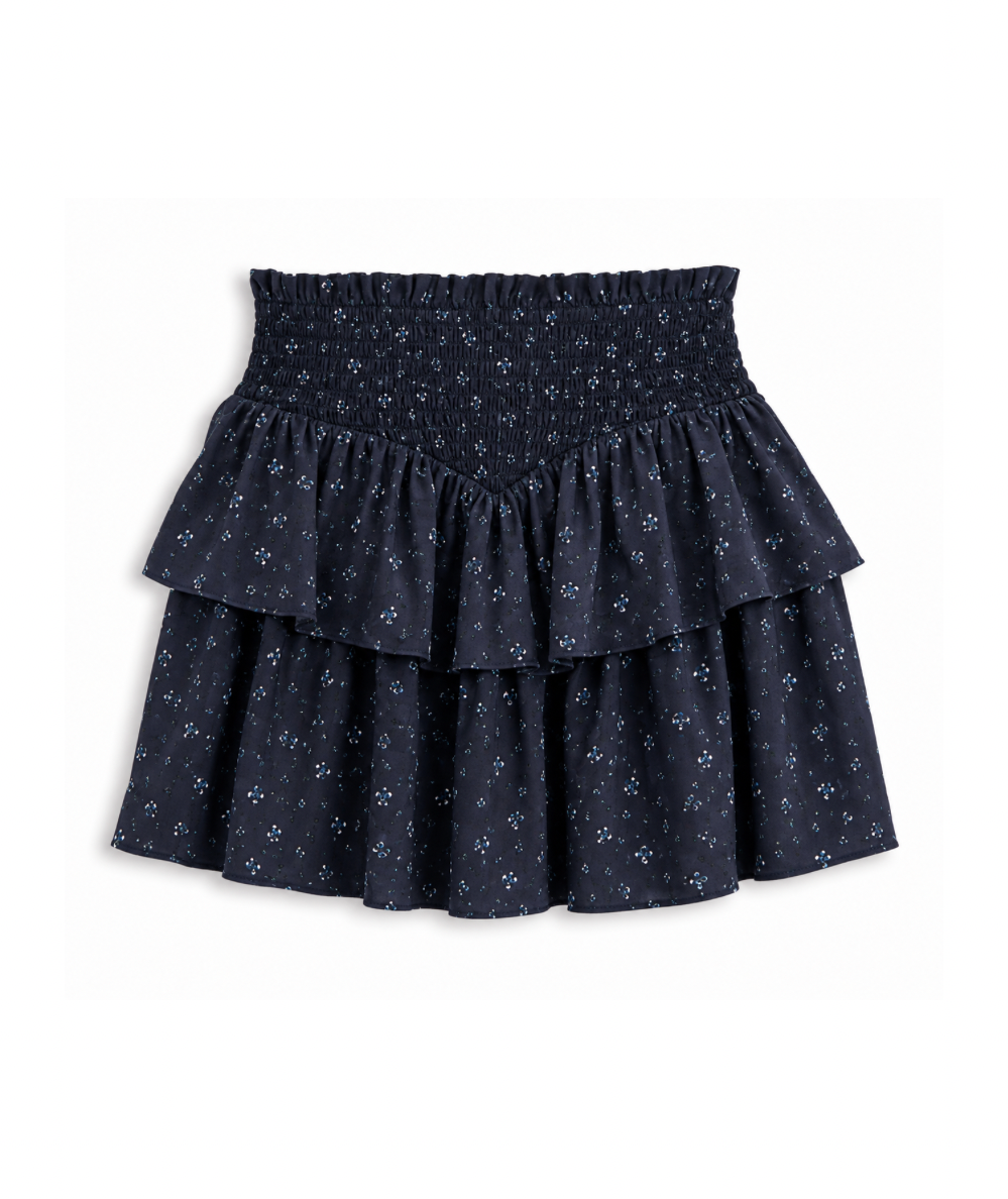KatieJ NYC Tween Brooke ruffle mini skirt in Evening Blue Garden Floral with a smocked waistband and two-tiered silhouette