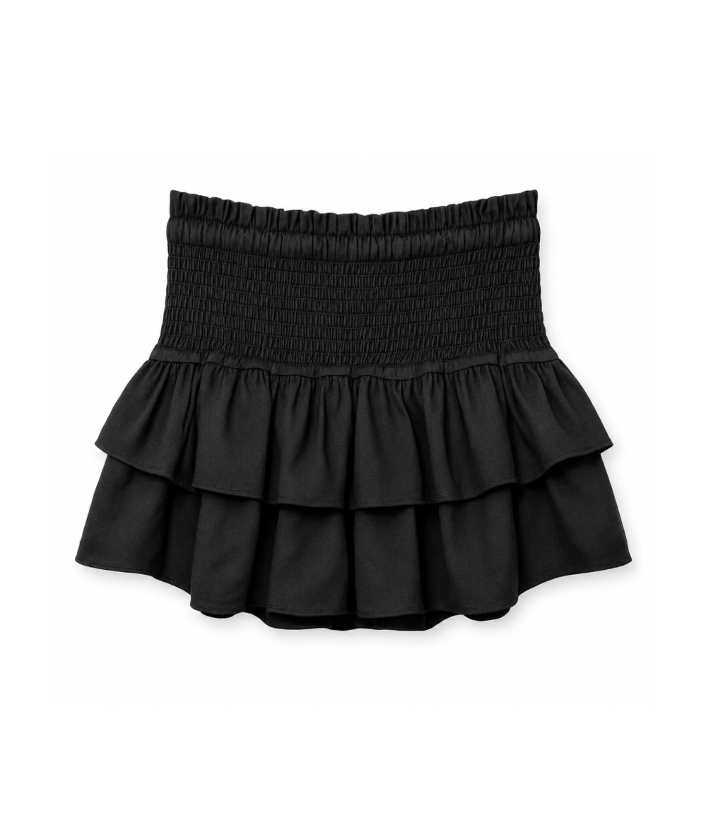 KatieJ NYC Tween Bianca black two-tier ruffle skirt with a smocked elastic waistband.