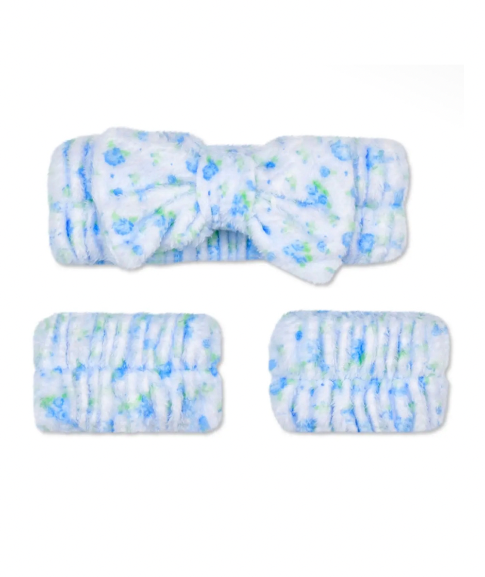 Three piece Iscream Blue Ditsy Floral Spa Set with bow headband and two matching wrist cuffs