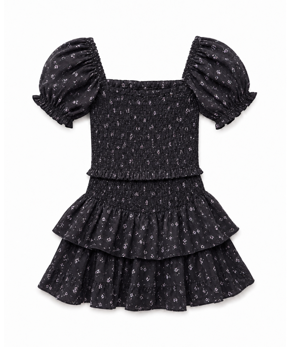 KatieJ NYC Tween Lainey floral smocked puff sleeve tiered dress for girls ages 7–13 in Evening Blue  Garden print.