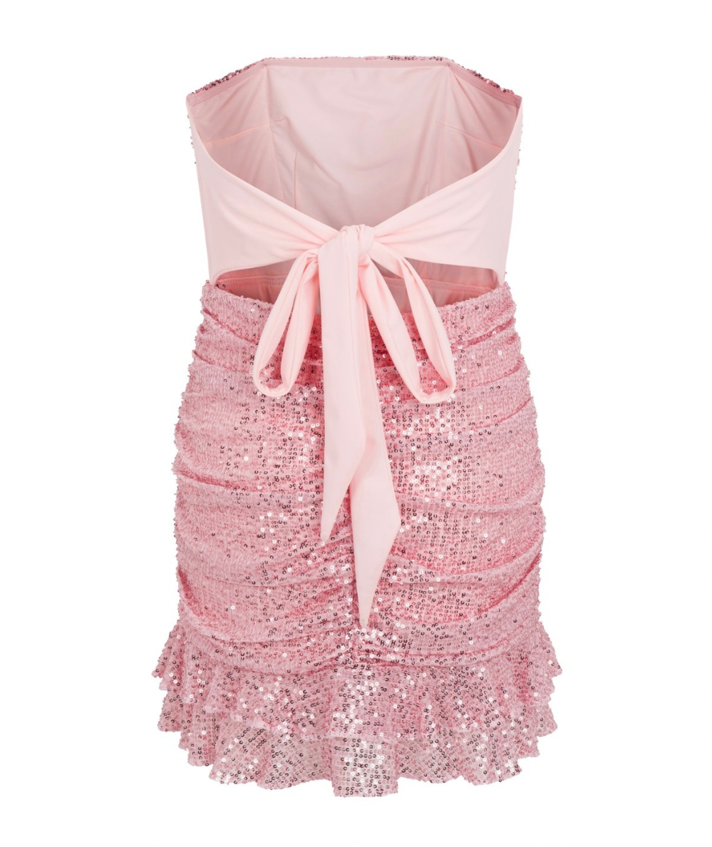 Back view of the Gold Rush NYC Tween Ophelia strapless sequin mini party dress with fitted stretch silhouette and adjustable tie-back detail.