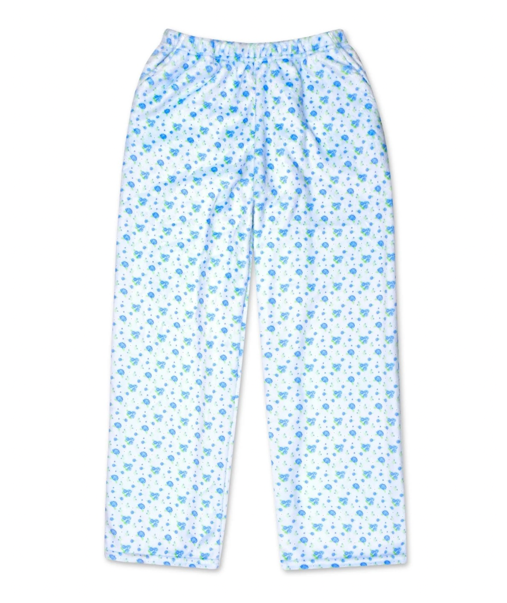 Iscream Blue Ditsy Plush Lounge Pants for girls and tweens featuring a soft floral print, elastic waistband, and front pockets.