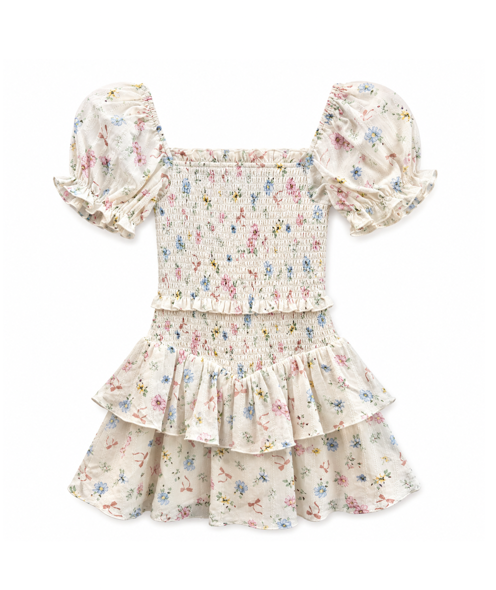 KatieJ NYC Tween Lainey floral smocked puff sleeve tiered dress for girls ages 7–13, in Cream Tossed Floral print.  