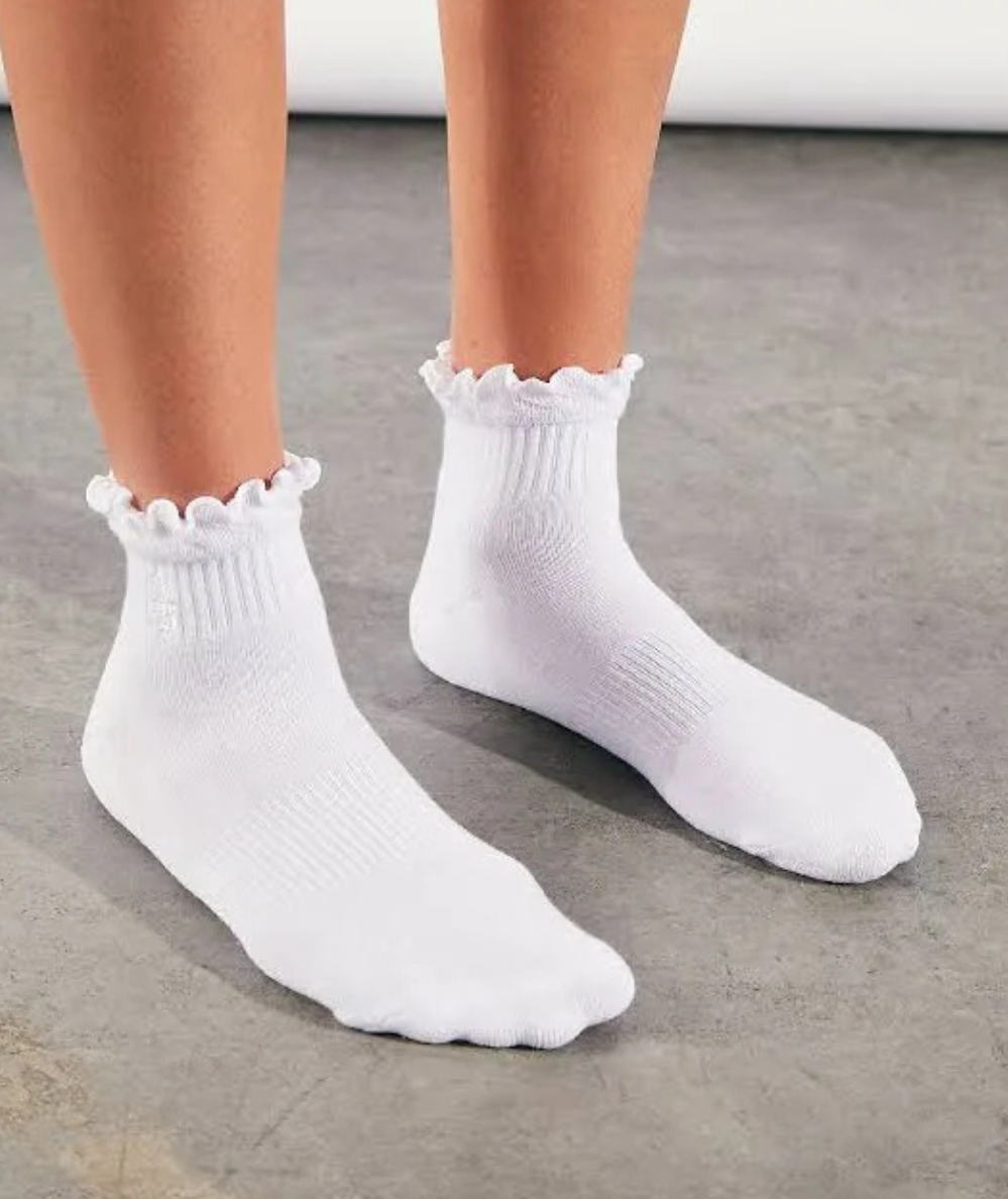 Free People Movement ribbed ankle socks with delicate ruffle-edge detailing and a seamed toe.