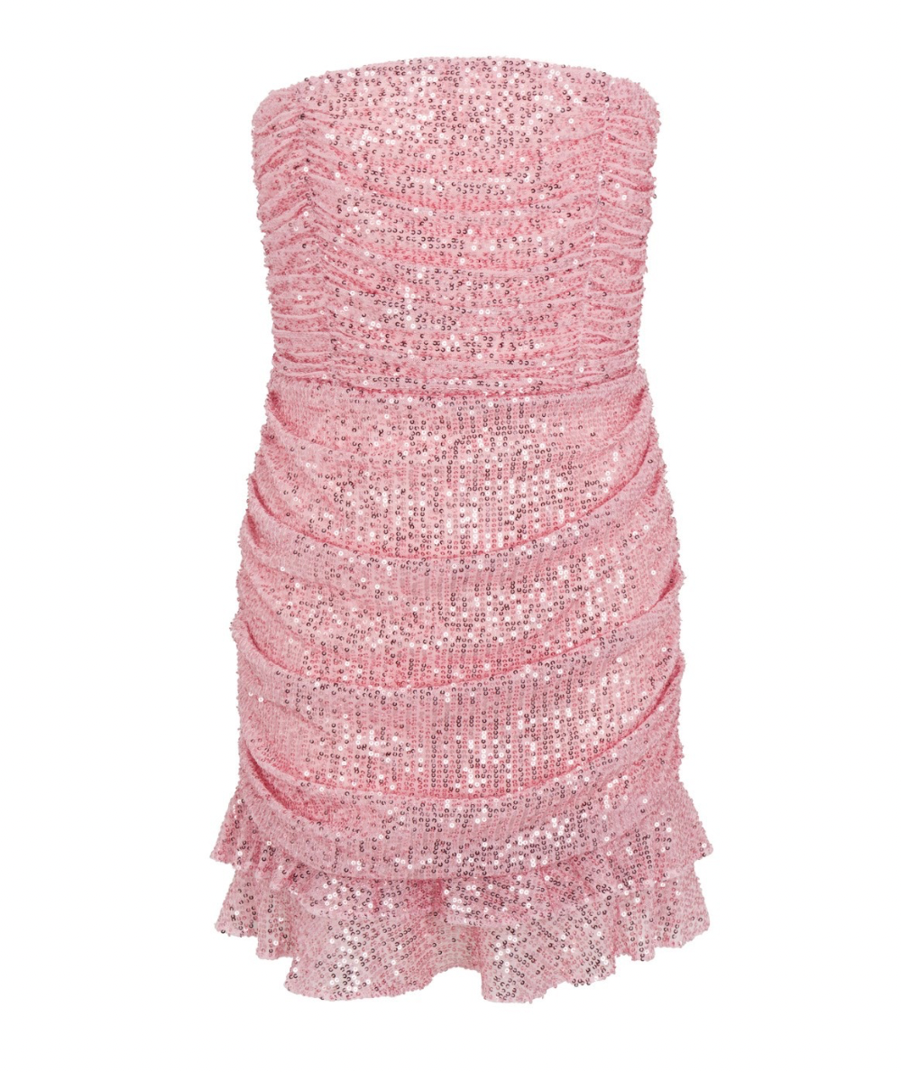 Gold Rush NYC Tween Ophelia strapless sequin mini party dress with fitted stretch silhouette and adjustable tie-back detail.