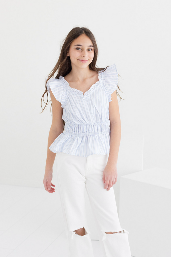 Blue Stripe Flutter Sleeve Top