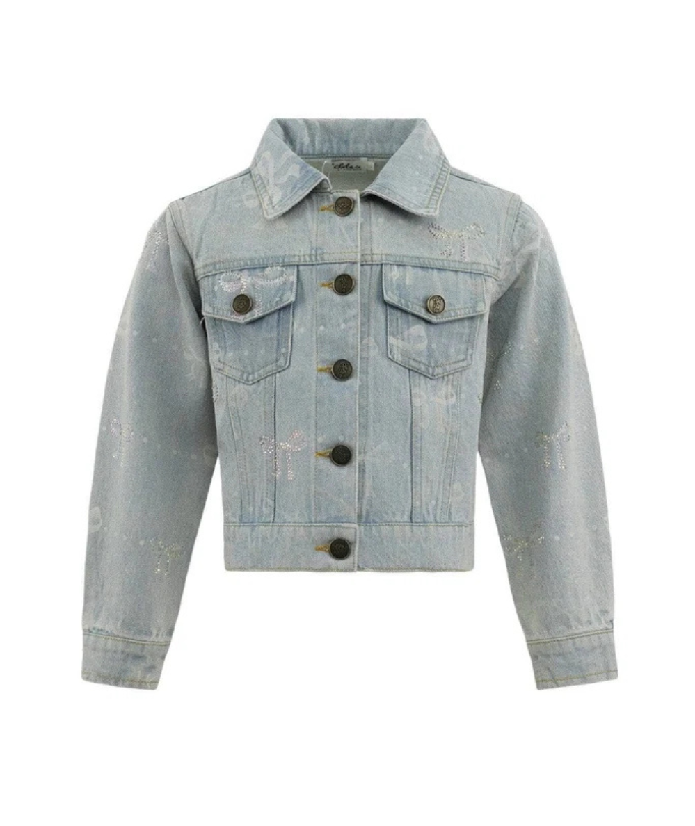 Lola & the Boys Tween Denim Sparkle Bow Jacket in light-wash denim with rhinestone bow embellishments and button-front closure.