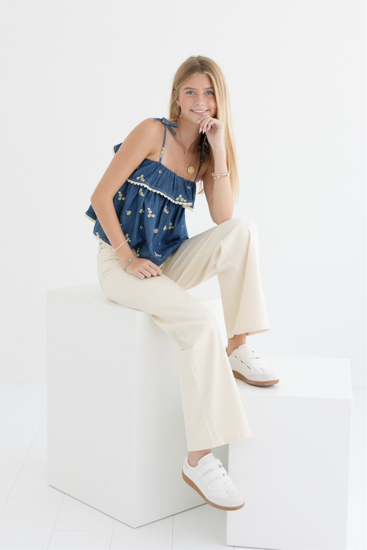 Tween Lucky Daisy Embroidered Denim Top