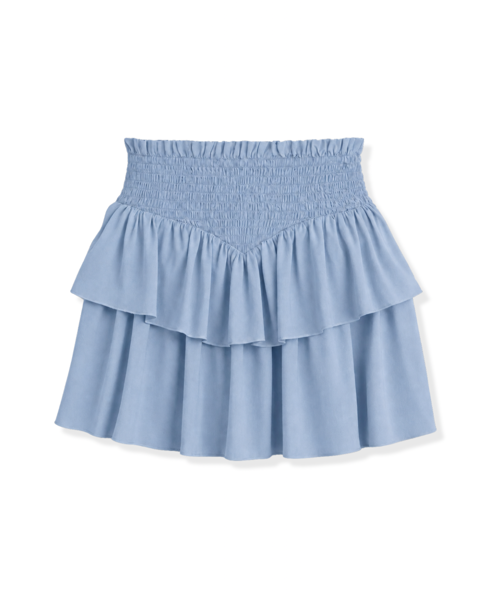 KatieJ NYC Tween Brooke two-tier ruffle skirt in Mystic Blue with smocked elastic waistband