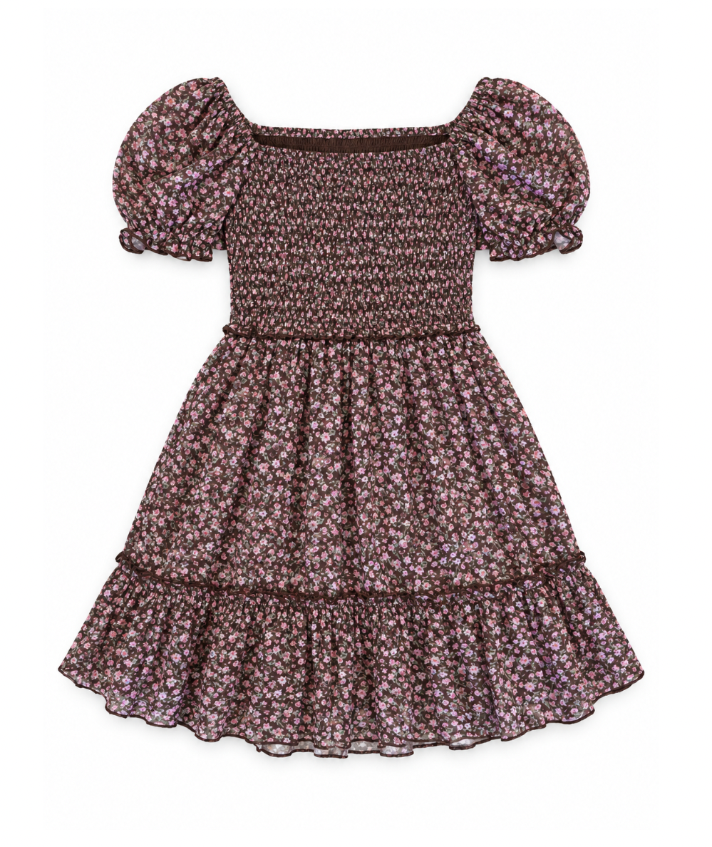 KatieJ NYC Tween Molly short-sleeve dress in Espresso Floral with a smocked bodice, puff sleeves, square neckline, and tiered ruffle hem