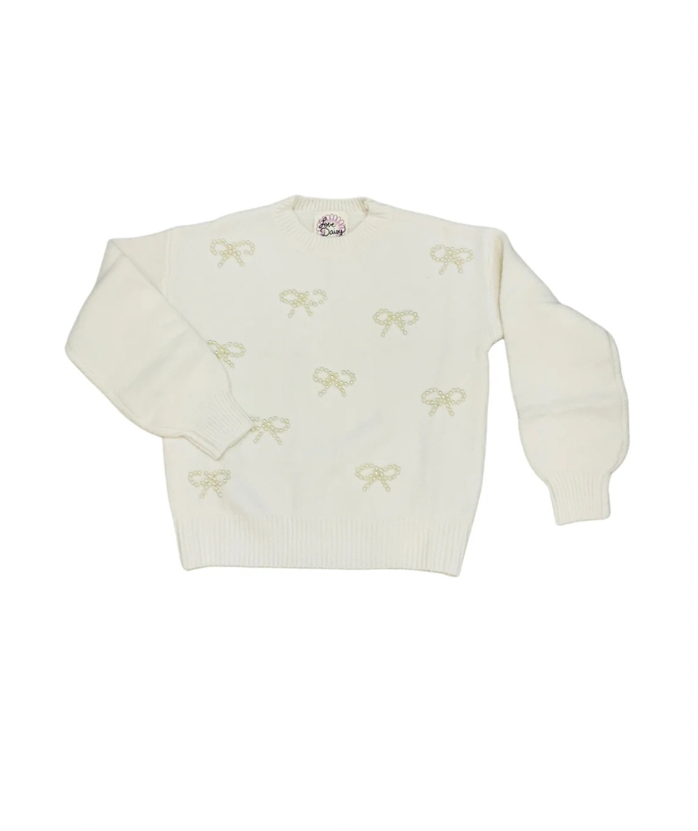 Tween Crew Neck Pearl Bows Sweater