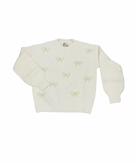 Tween Crew Neck Pearl Bows Sweater
