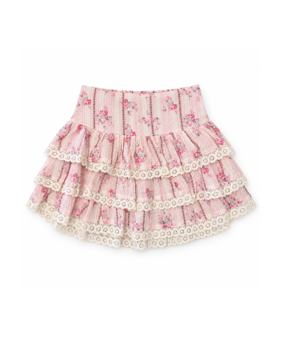 KatieJ NYC Tween Melody tiered ruffle skirt in blush-pink Rose Stripe Floral print with ivory lace trim