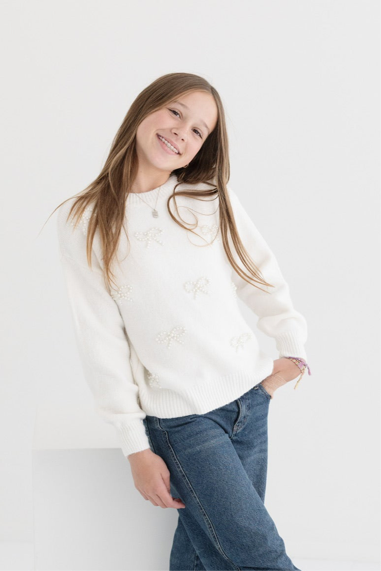 Tween Crew Neck Pearl Bows Sweater