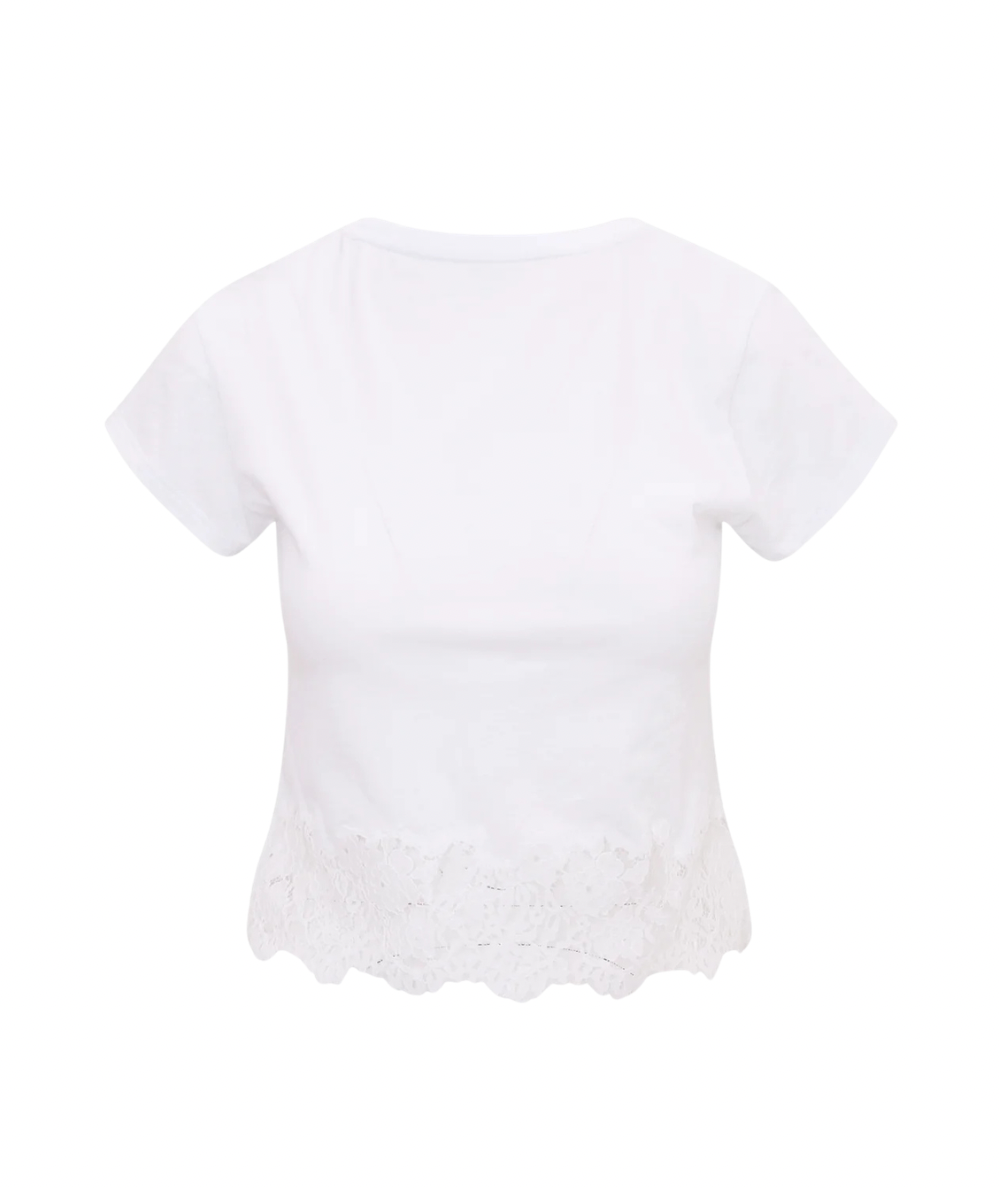 LoveShackFancy Women’s Avelina Cotton Lace Cropped Tee in White with scalloped lace hem and short sleeves.