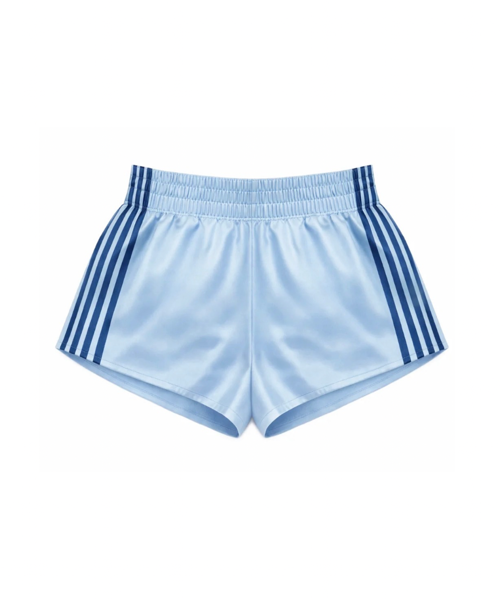 KatieJ NYC Tween Jordyn Contrast Stripe athletic shorts in Serene Blue with four side stripes and an elastic waistband