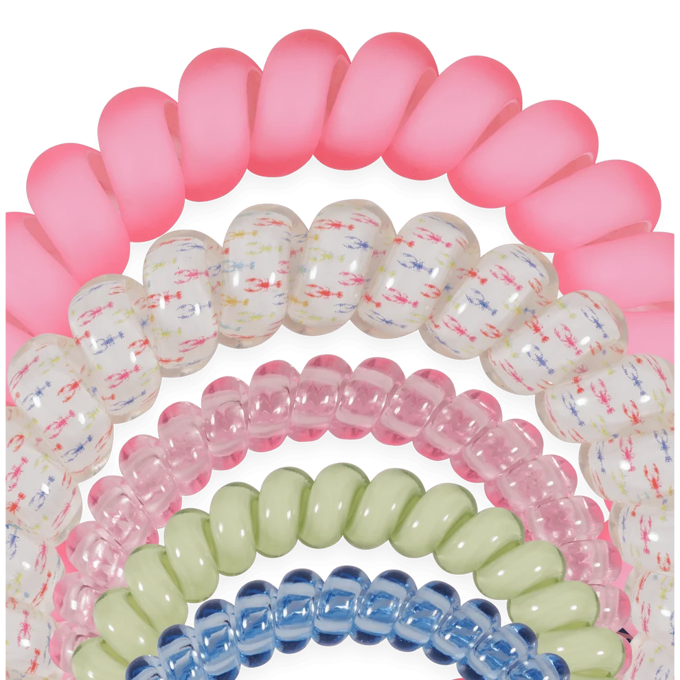 Close up view of TELETIES Mixed Hair Ties in Pinch Me 5-piece small and large hair tie set