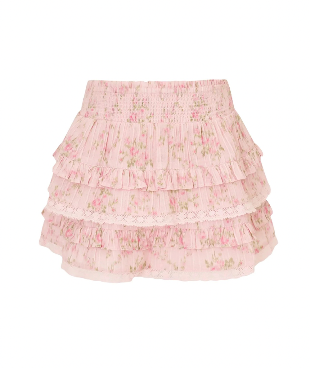 LoveShackFancy Tween Billie floral tiered cotton skirt in Spiced Camellia with smocked waistband and ruffle details.