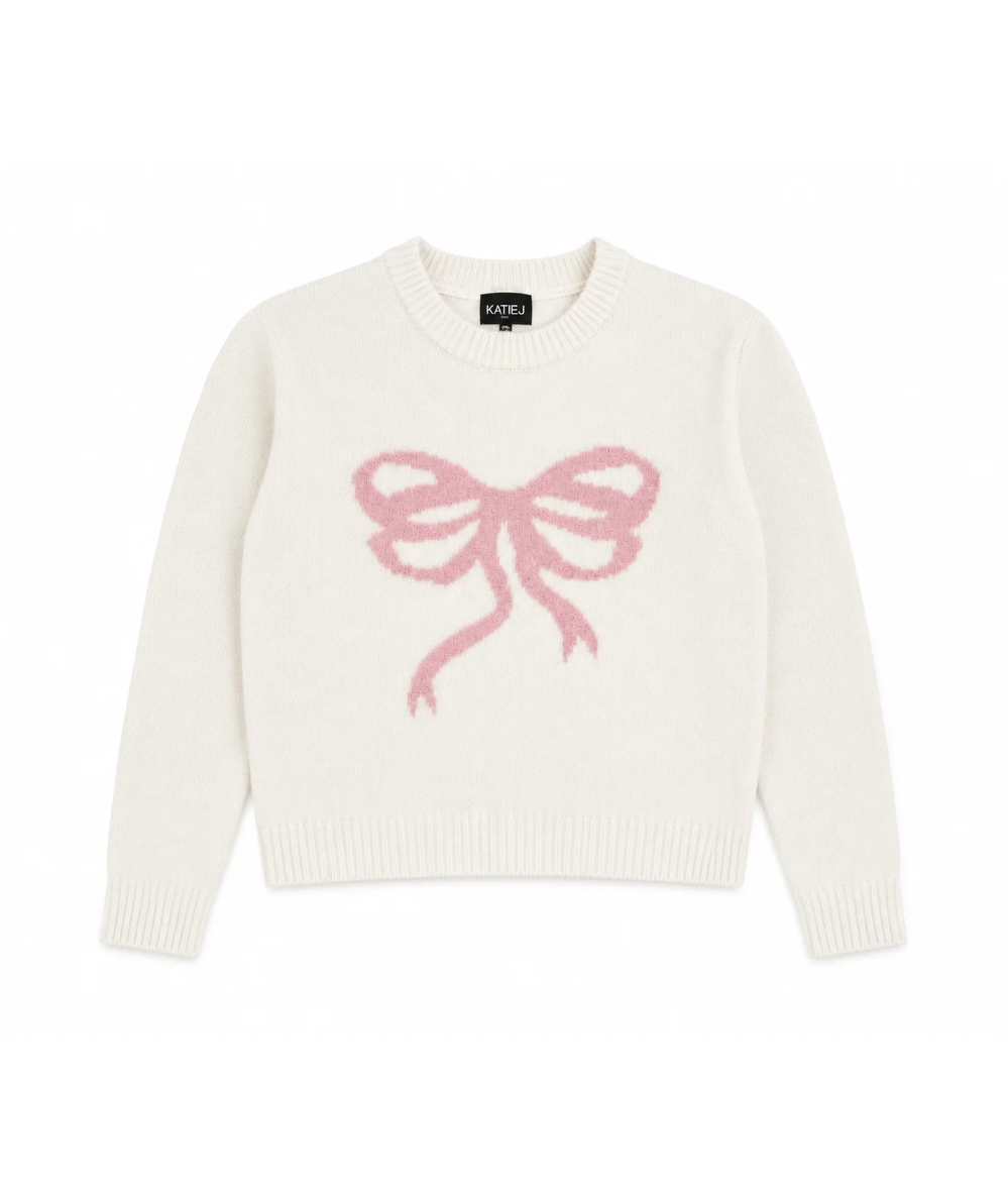 Tween Maggie Sweater in Ivory with Pink Bow