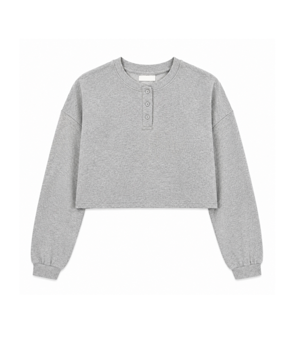 KatieJ NYC Tween Drew Long Sleeve Henley Top in Heather Grey with a three-button neckline and relaxed cropped fit