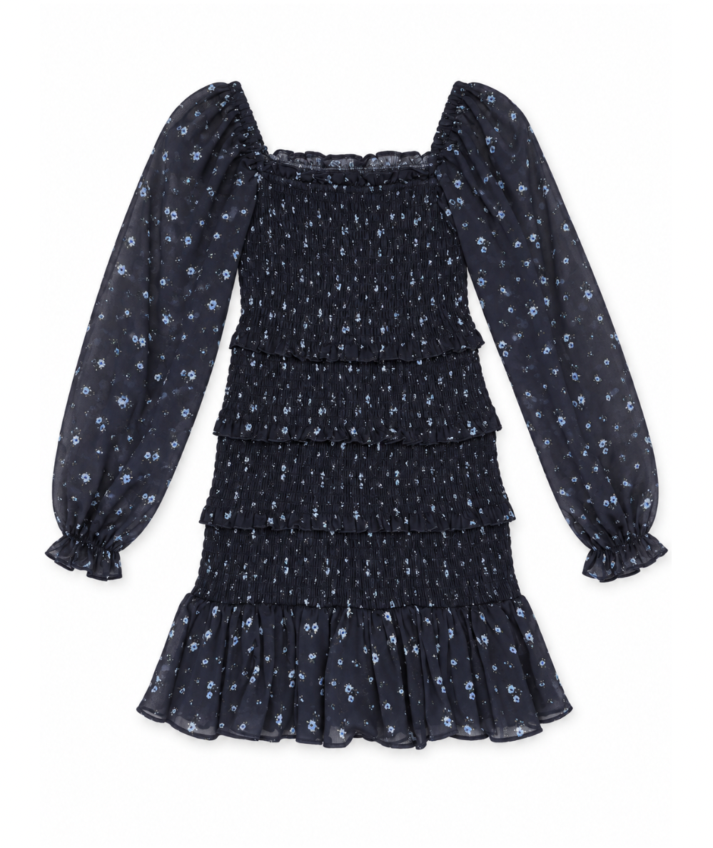 KatieJ NYC Junior Laila Long Sleeve Floral Dress in Evening Blue Garden with blue flowers, smocking, puff sleeves and tiered ruffles.