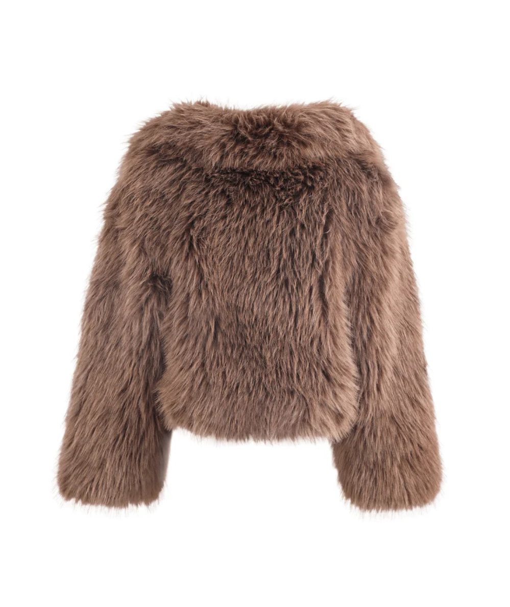 Back view of the Lola & the Boys Tween Cozy Coco Faux Fur Jacket in brown with a fluffy oversized collar, long sleeves, and cropped hem.