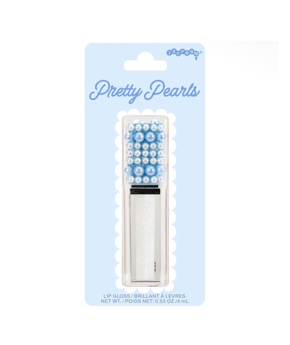Iscream Pretty Pearls clear high-shine lip gloss with blue and white pearl-beaded handle