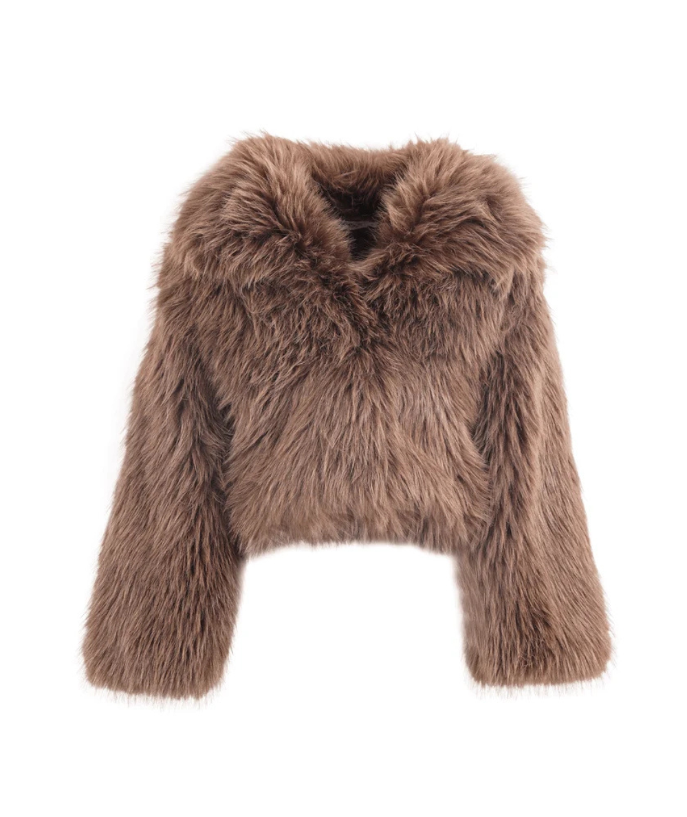 Lola & the Boys Tween Cozy Coco Faux Fur Jacket in brown with a fluffy oversized collar, long sleeves, and cropped hem.