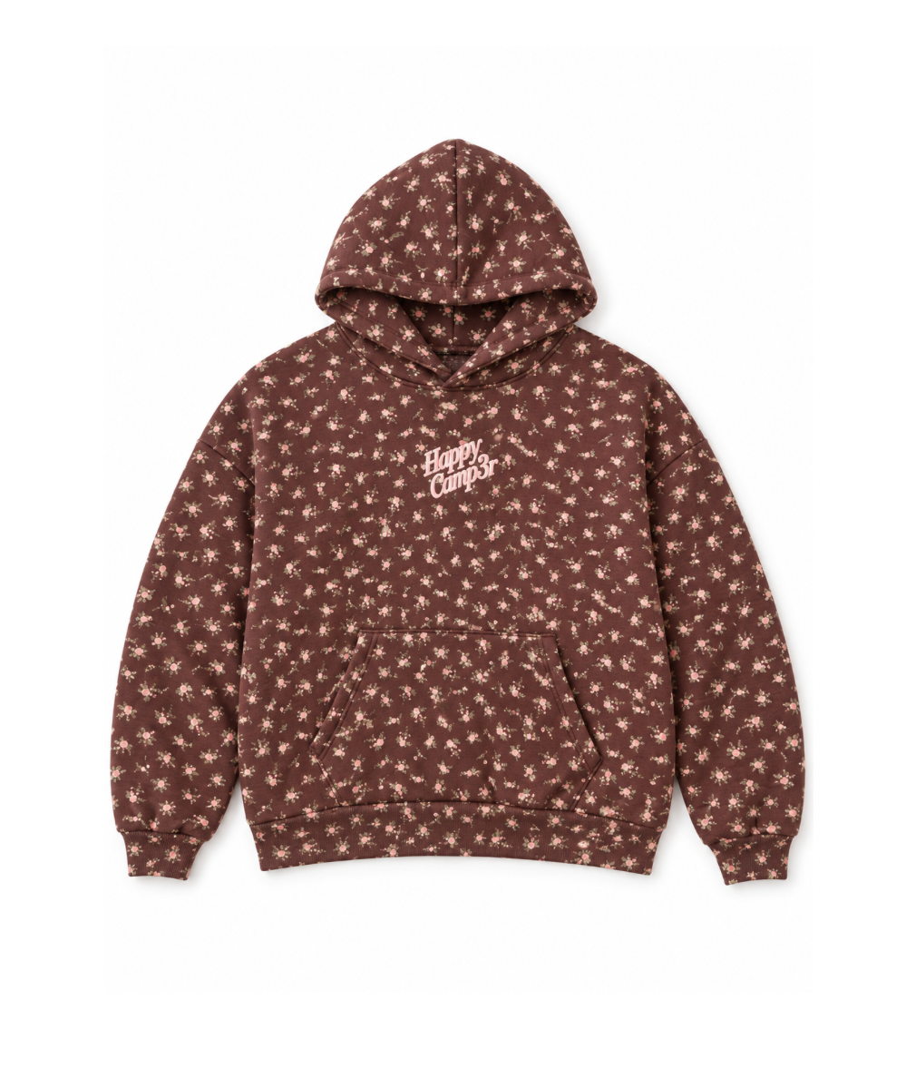 Happy Camp3r tween chocolate brown floral hoodie with pink chest logo, kangaroo pocket, and ribbed cuffs.