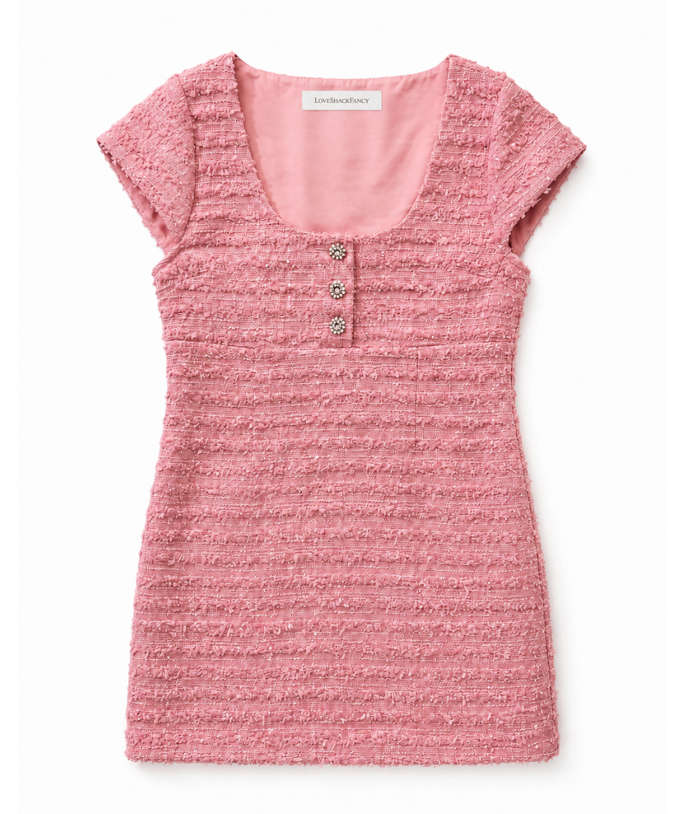 LoveShackFancy Tween Valentia pink bouclé mini dress with a square neckline, cap sleeves and three pearl-inspired floral buttons.