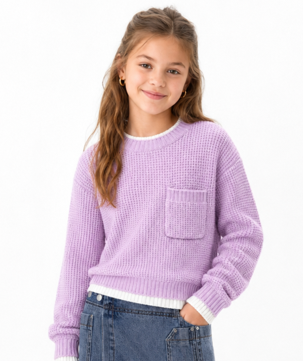 Tween Lilac Contrast Trim Sweater