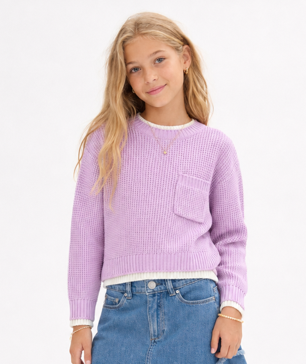 Tween Lilac Contrast Trim Sweater