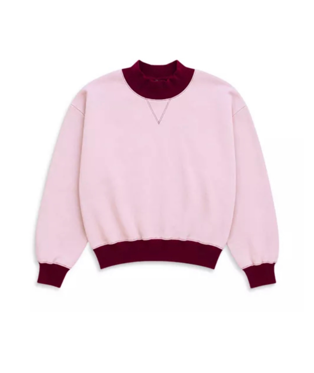 KatieJ NYC Tween Blake Mock Neck Sweatshirt in burgundy with pale pink contrast trim at the neckline, cuffs, and hem.