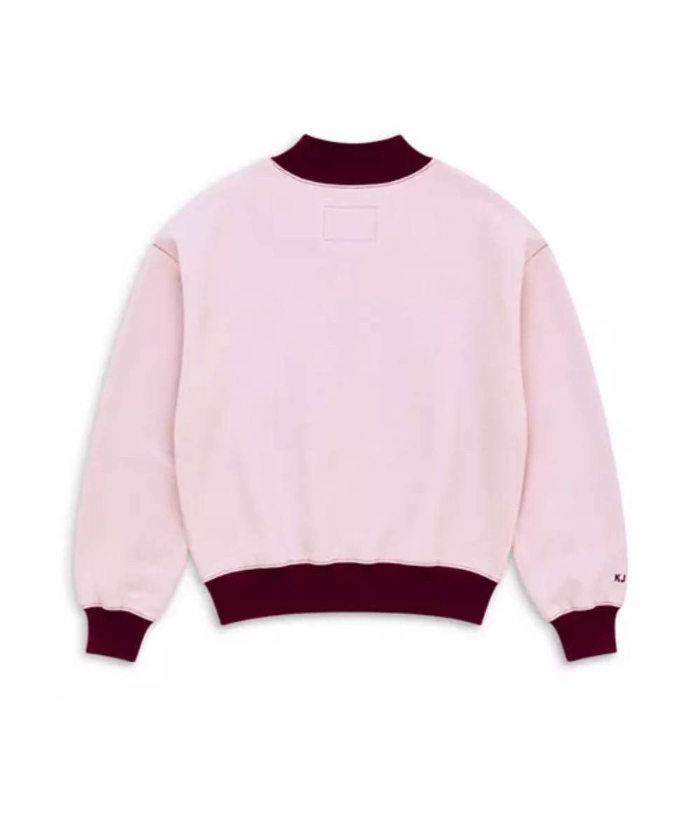 Back view of the KatieJ NYC Tween Blake Mock Neck Sweatshirt in burgundy with pale pink contrast trim at the neckline, cuffs, and hem.