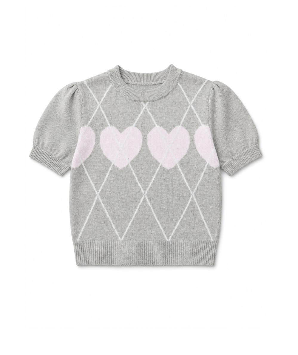 Design History tween light grey heather short sleeve sweater with pink hearts, white argyle pattern, and puff sleeves.