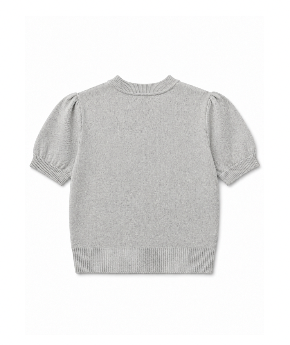 Back view of Design History tween light grey heather short sleeve heart argyle sweater with puff sleeves and ribbed hem.